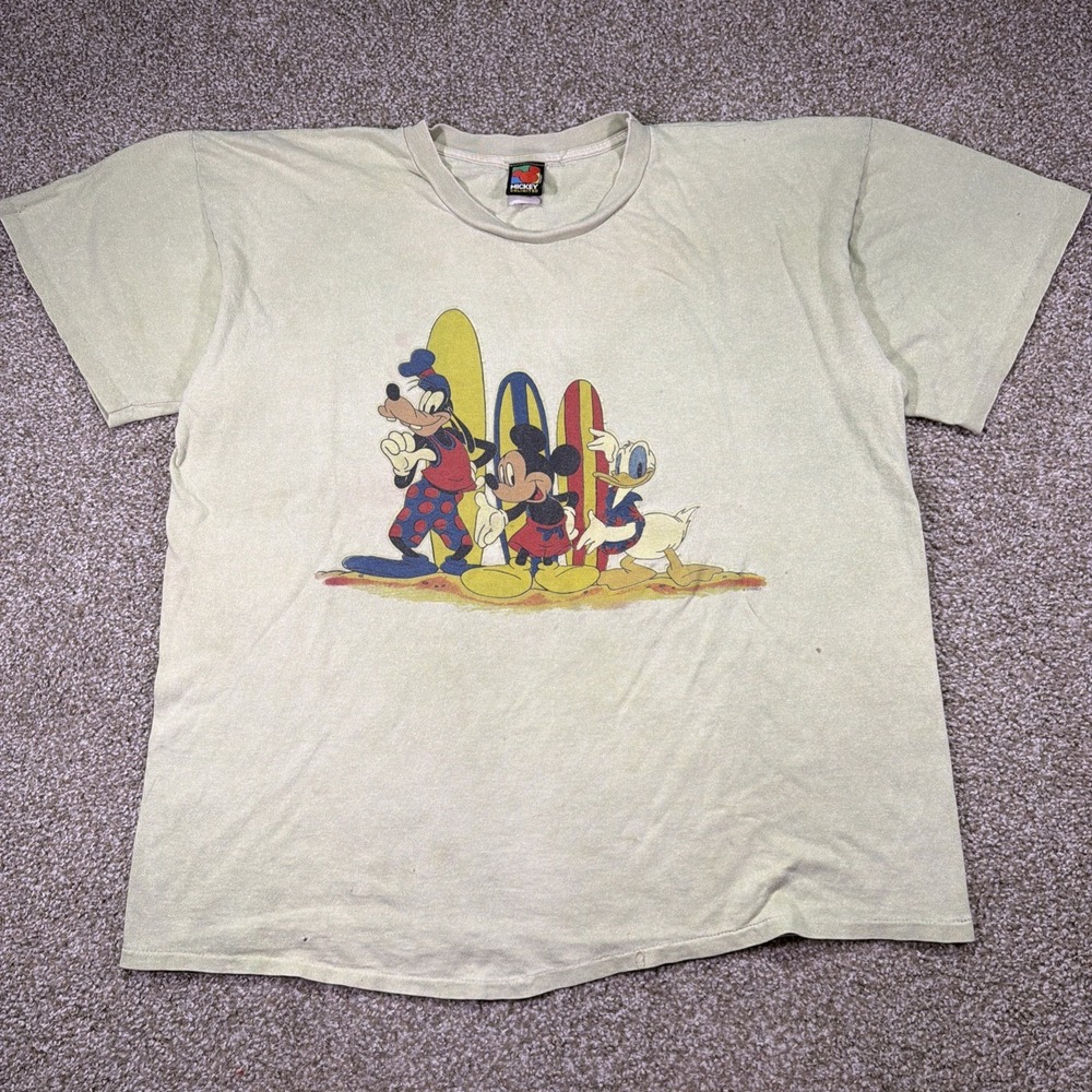 Vintage Mickey Surf Art Tee 90s Single Stitch 2XL Light Green Distressed